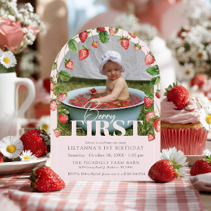 Berry First Boho Chic Photo 1st Birthday Party Invitation