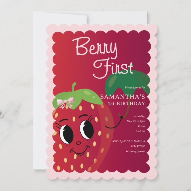 Berry First Cartoon Strawberry Girl 1st Birthday Invitation (Front)