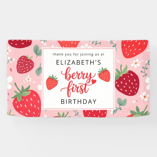 Berry First Cute 1st Birthday Girl's Strawberry  Banner (Horizontal)