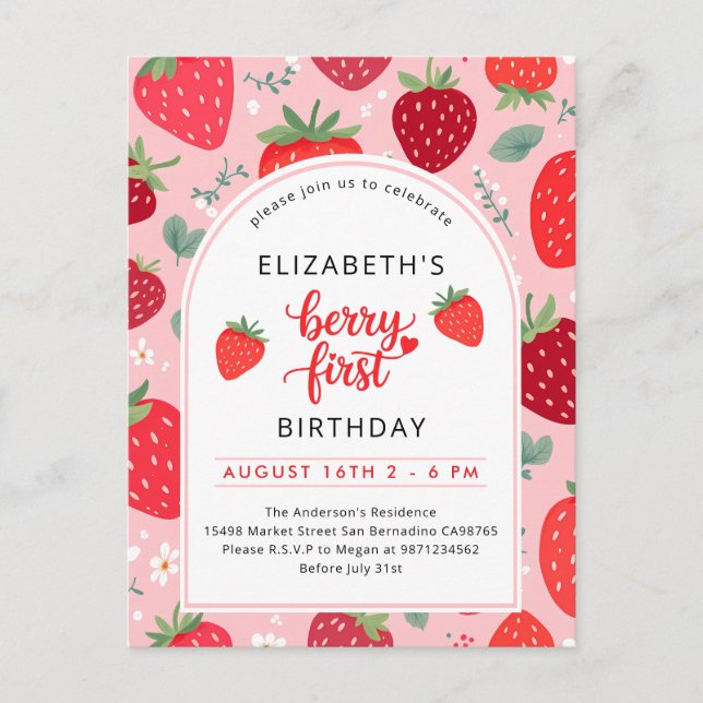 Berry First Cute 1st Birthday Strawberry Girl's Invitation Postcard (Front)