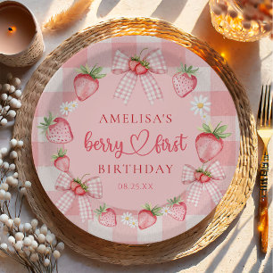 Berry First Cute 1st Birthday Strawberry Paper Plate
