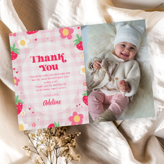 Berry First Cute 1st Birthday Strawberry Photo Thank You Card