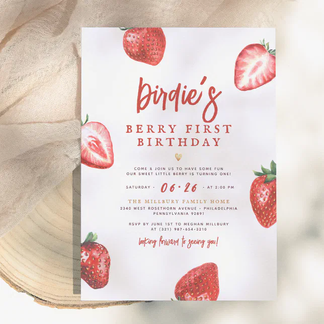 Berry First | Cute Strawberry Girl 1st Birthday Invitation | Zazzle