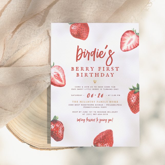 Berry First | Cute Strawberry Girl 1st Birthday Invitation (Creator Uploaded)