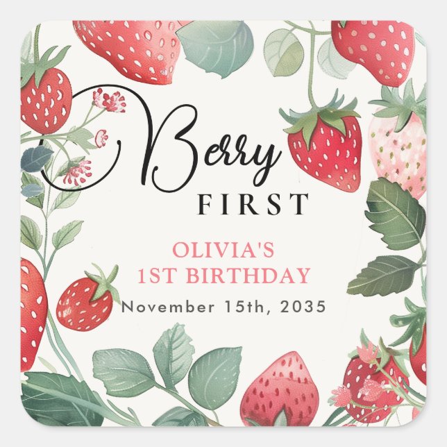 Berry First Floral 1st Birthday Square Sticker (Front)