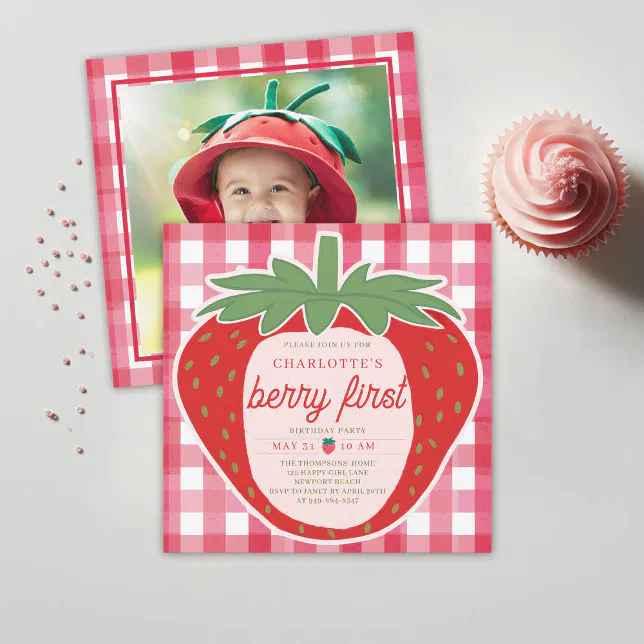 Berry First Giant Strawberry Photo 1st Birthday Invitation | Zazzle