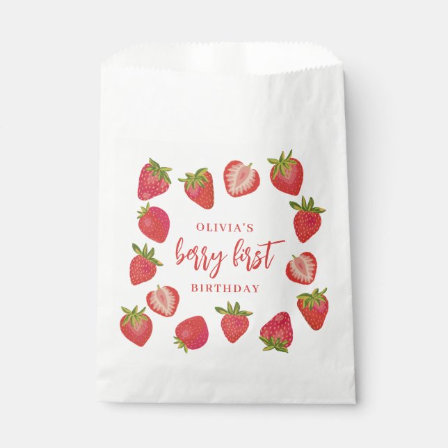 Berry First Girls strawberry Personalised Birthday Favour Bag (Front)