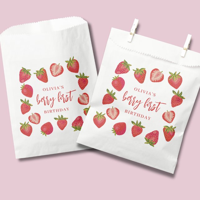 Berry First Girls strawberry Personalised Birthday Favour Bag (Personalised Berry First Strawberry Birthday favor bag, ideal for girls birthday part)