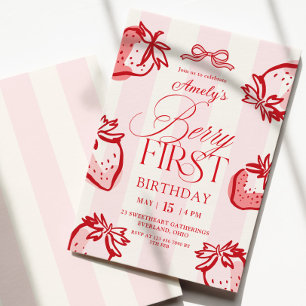 Berry First Hand Drawn Bow Strawberry Birthday Invitation