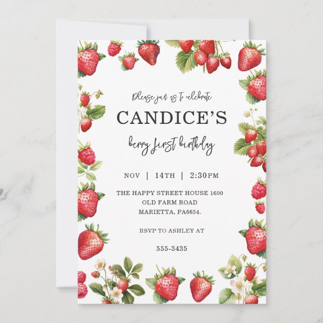 Berry First Invitation for Birthday Fruit Party  (Front)