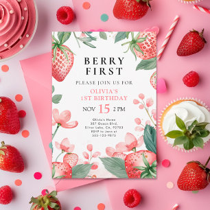 Berry First Pink Floral 1st Birthday Invitation