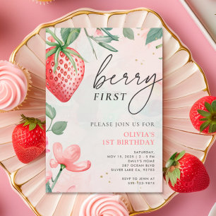 Berry First Pink Floral 1st Birthday Invitation
