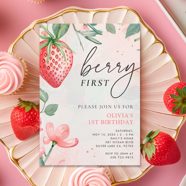 Berry First Pink Floral 1st Birthday Invitation (Creator Uploaded)