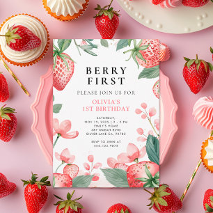 Berry First Pink Floral 1st Birthday Invitation