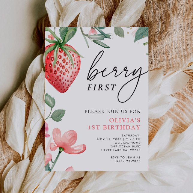 Berry First Pink Floral 1st Birthday Invitation (Creator Uploaded)
