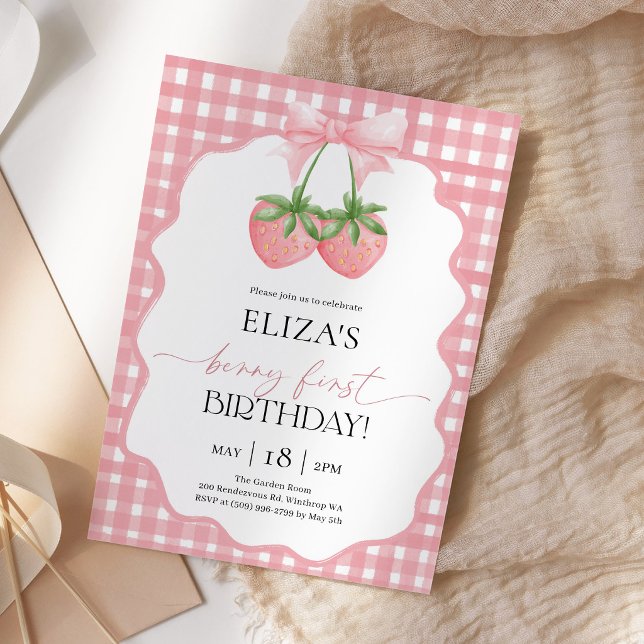 Berry First Pink Gingham Strawberry Birthday Invitation (Creator Uploaded)