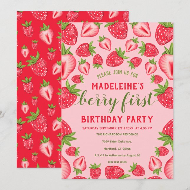 Berry First Pink Strawberry 1st Birthday Party  Invitation (Front/Back)