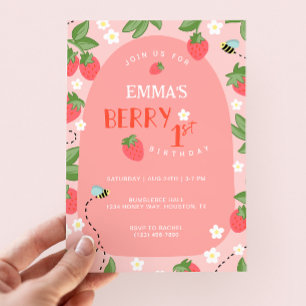Berry First Pink Strawberry Bees Birthday Party Invitation