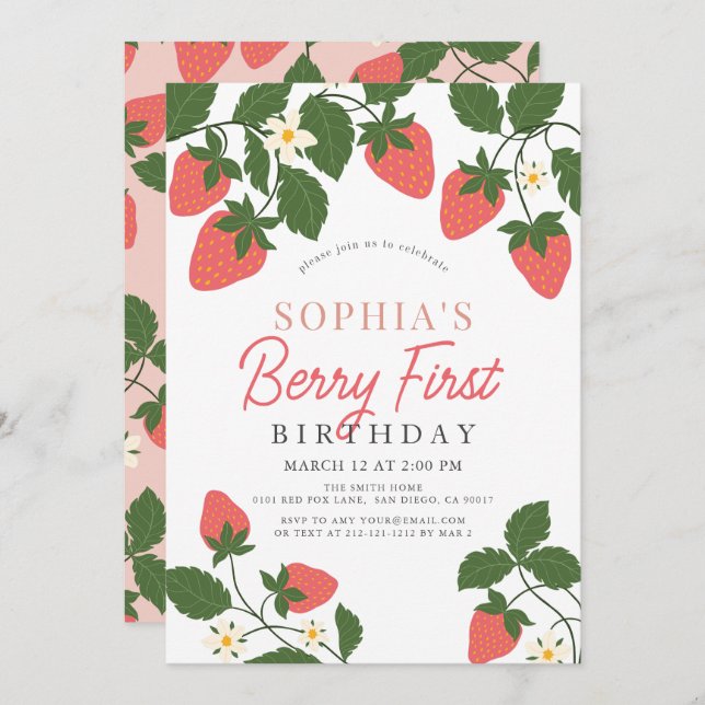 Berry First Pink Strawberry Floral 1st Birthday Invitation (Front/Back)
