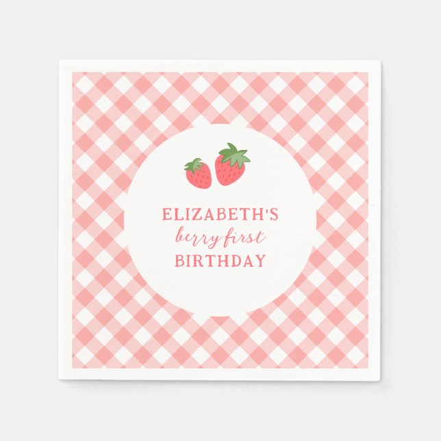 Berry First Pink Strawberry Gingham Birthday Napkin (Front)