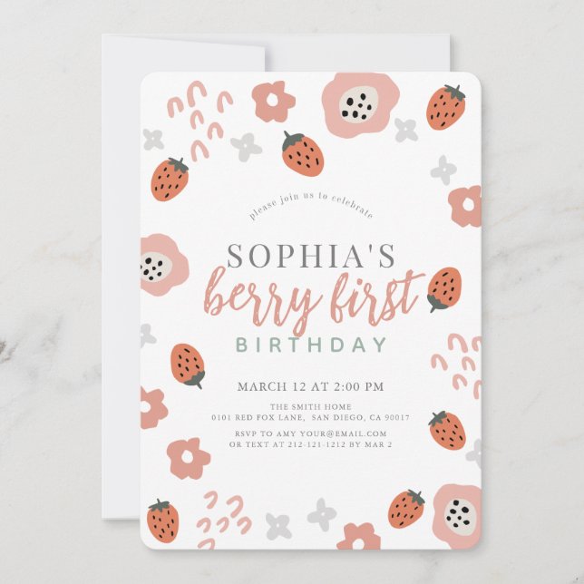 Berry First Pink Strawberry Girl 1st Birthday Invitation (Front)