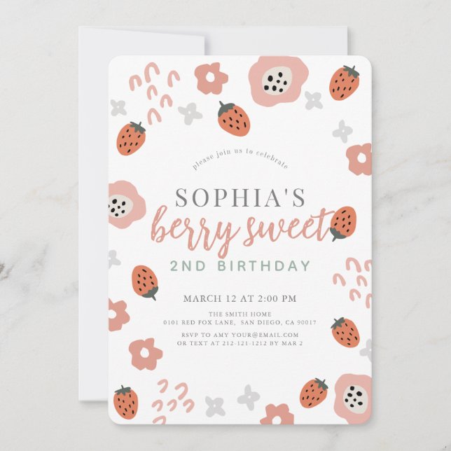 Berry First Pink Strawberry Girl Birthday Invitation (Front)