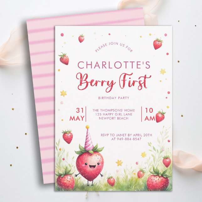 Berry First Pink Strawberry Patch 1st Birthday Invitation (berry first birthday party invitation girls cute strawberry 1st watercolor farmhouse cottage patch)