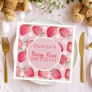 Berry First Red Strawberry Birthday Napkin