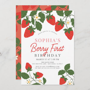 Berry First Red Strawberry Floral 1st Birthday Invitation