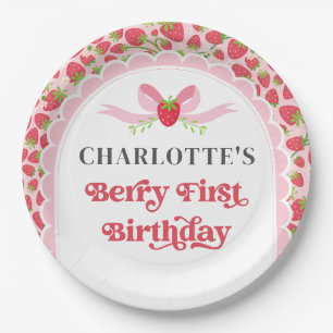 Berry First Strawberry 1st Birthday 9" Round Paper Plate