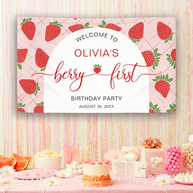 Berry First Strawberry 1st Birthday Party Banner (Berry First Strawberry 1st Birthday Party Banner)