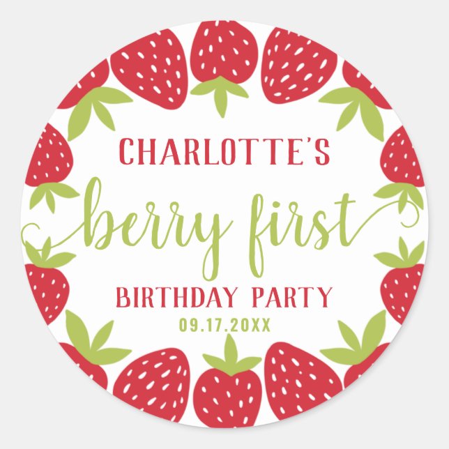  Berry First Strawberry 1st Birthday Party Custom Classic Round Sticker (Front)