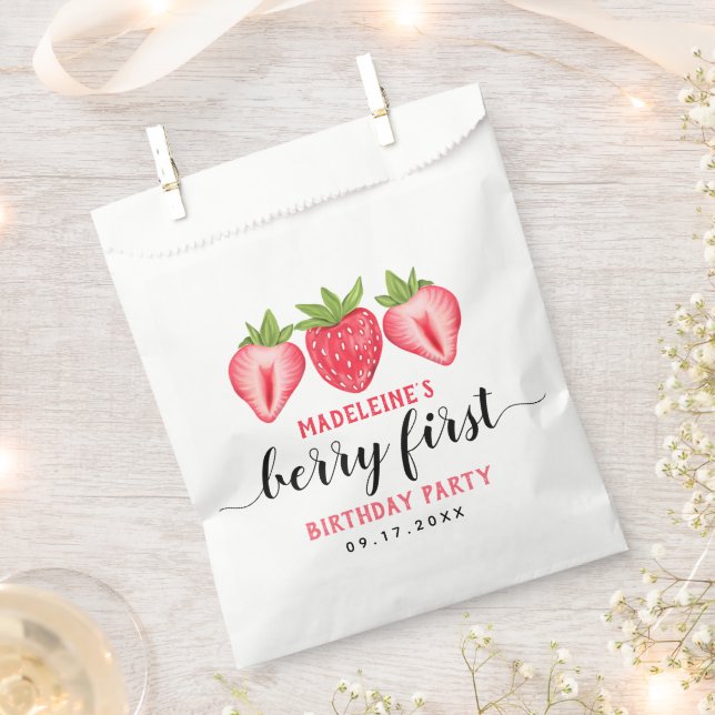 Berry First Strawberry 1st Birthday Party Custom F Favour Bag (Clipped)