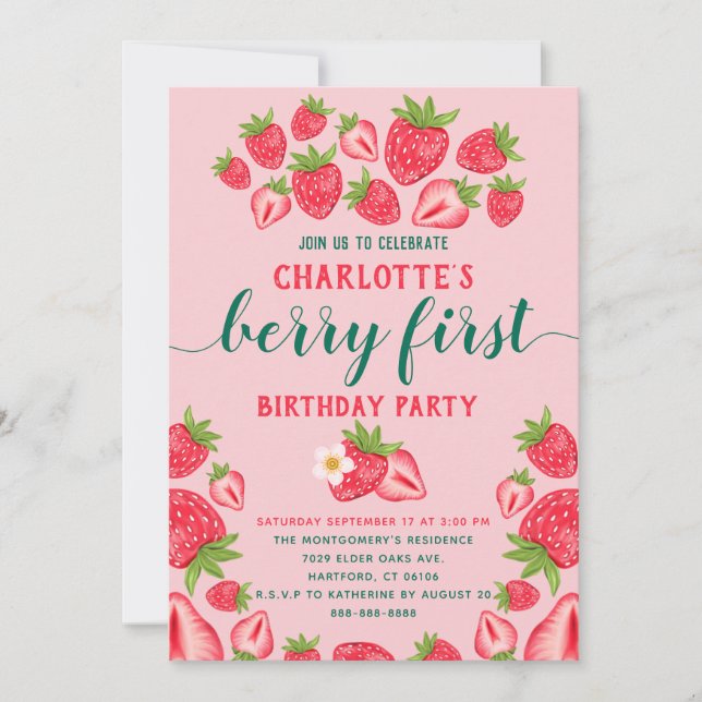 Berry First Strawberry 1st Birthday Party Girl  Invitation (Front)