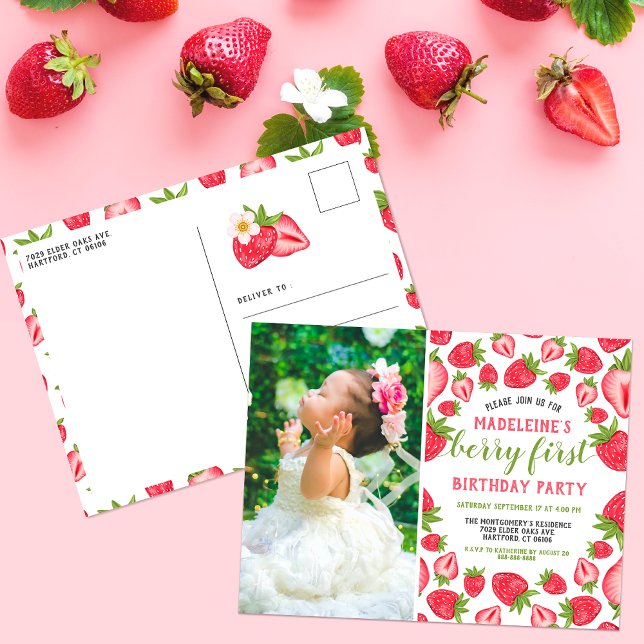 Berry First Strawberry 1st Birthday Party Photo Postcard (Creator Uploaded)