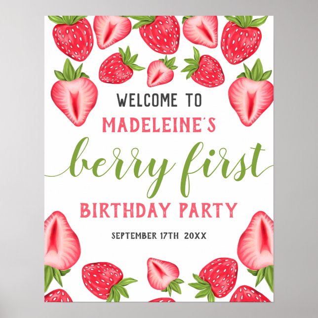 Berry First Strawberry 1st Birthday Party Welcome  Poster (Front)