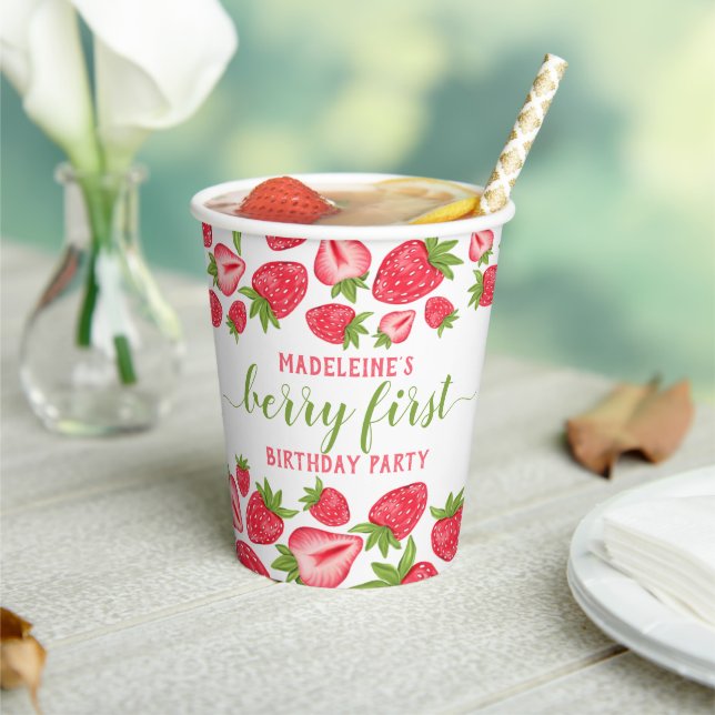 Berry First Strawberry 1st Birthday Personalised Paper Cups (Insitu)