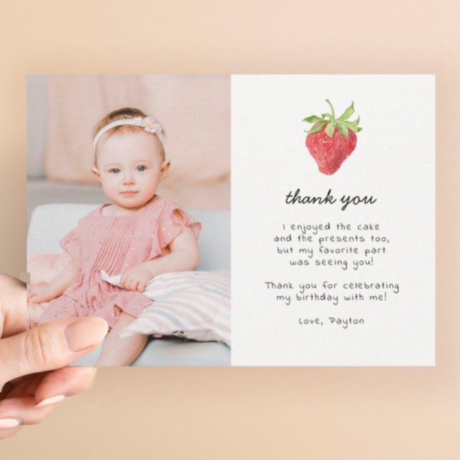 Berry First Strawberry 1st Birthday Photo Thank You Card (Creator Uploaded)