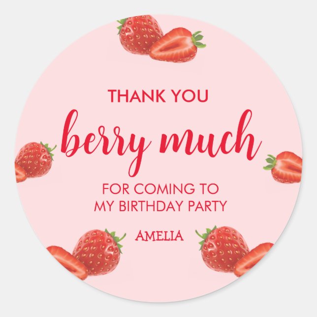 Berry First | Strawberry 1st Birthday pink Classic Round Sticker (Front)