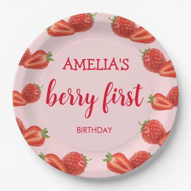 Berry First | Strawberry 1st Birthday pink Paper Plate (Front)