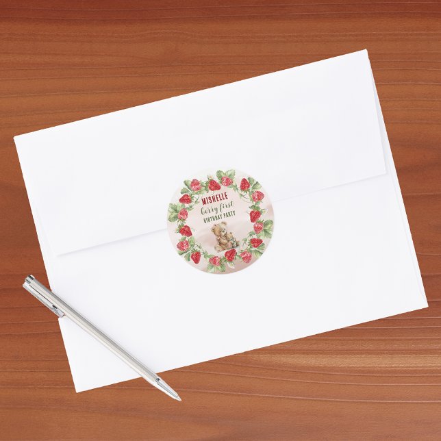 Berry First Strawberry and Bear Birthday Classic Round Sticker (Creator Uploaded)