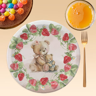 Berry First Strawberry and Bear Birthday Paper Plate