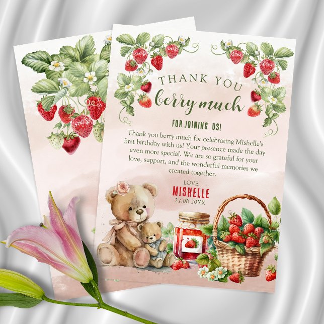 Berry First Strawberry and Bear Birthday Thank You Card (Creator Uploaded)