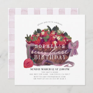 Berry First Strawberry Basket Girl 1st Birthday Invitation