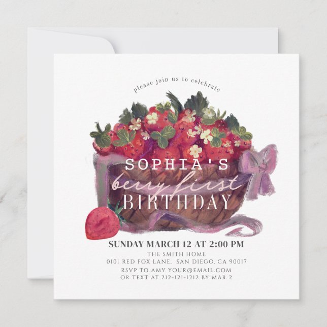 Berry First Strawberry Basket Girl 1st Birthday Invitation (Front)