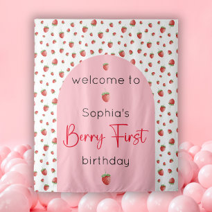 Berry First Strawberry Birthday Backdrop Tapestry