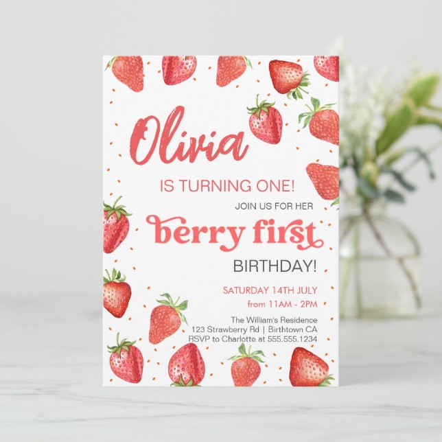  Berry First Strawberry Birthday Invitation (Standing Front)