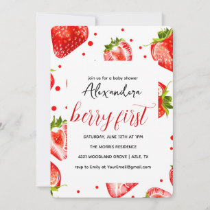  Berry First Strawberry Birthday Invitation, Red Invitation
