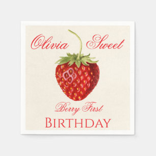 Berry First Strawberry Birthday Name Party Napkin