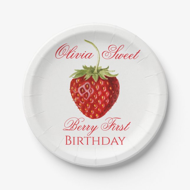Berry First Strawberry Birthday Name Party Paper Plate (Front)